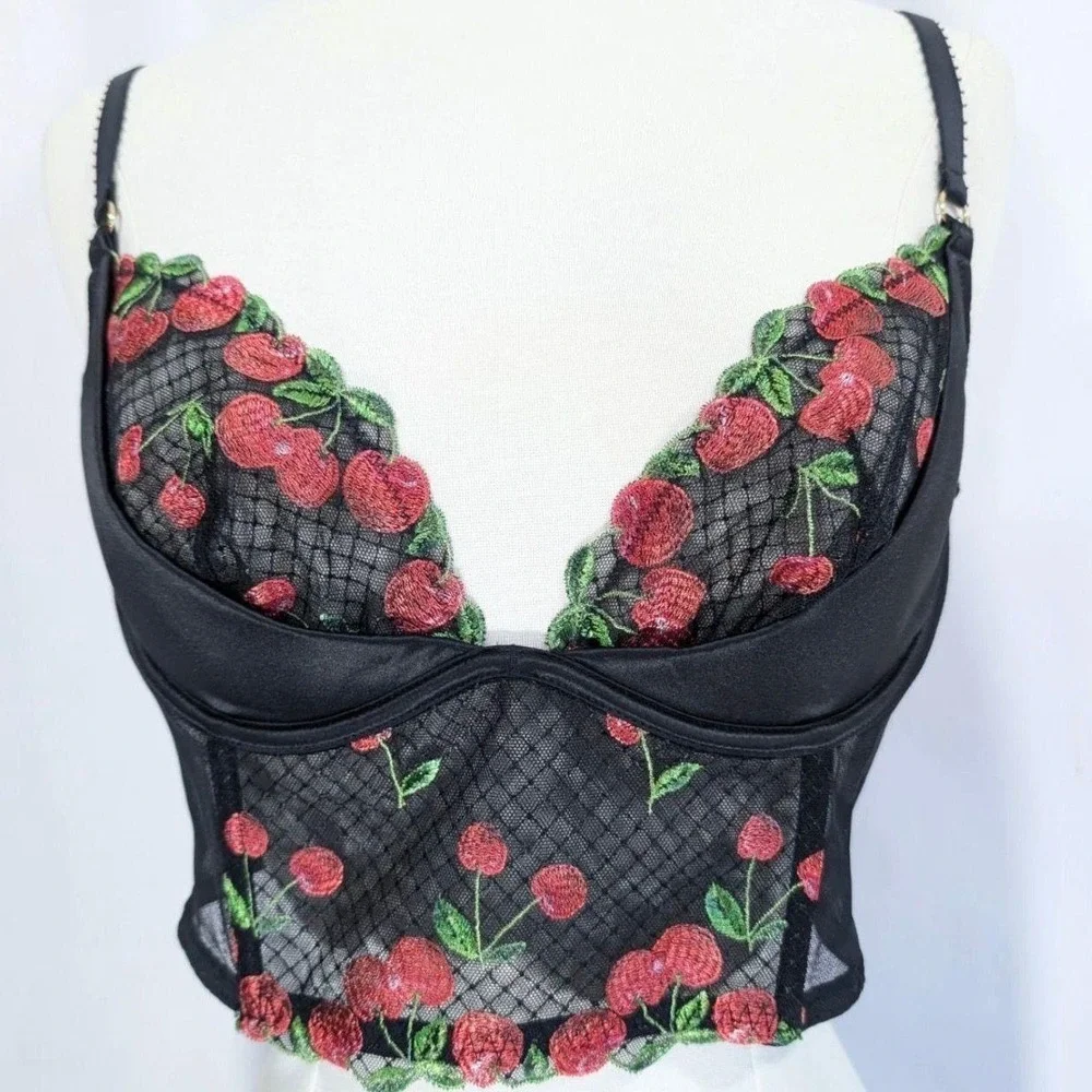 Victoria's Secret Cherry Corset Bra Black Mesh‎ 32DD Bustier Lingerie New